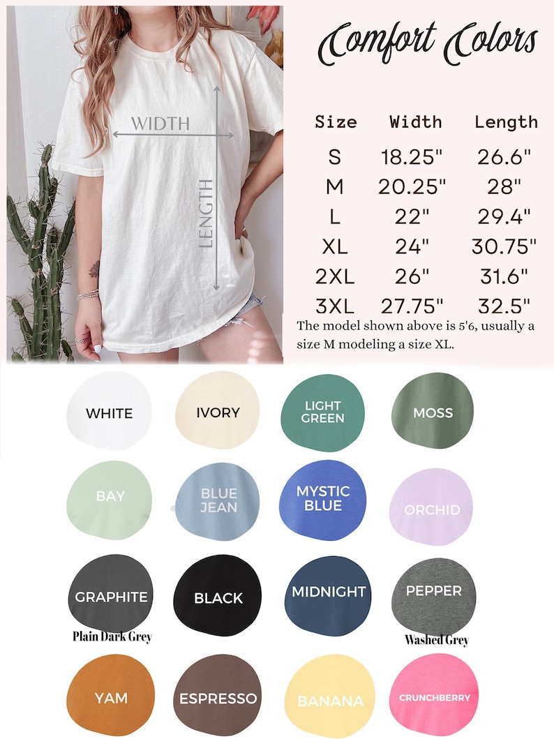 The image is a collage of various color swatches and sizes of t-shirts, along with a model size chart. The chart provides the widths and sizes of different t-shirt styles, including white, white and ivory, light green, light green and blue, light blue, blue jeans, blue jeans, orchid, blue jeans, and more. The chart also includes the model sizes for each color and style, such as S, M, L, XL, 2XL, 3XL, and XXL.