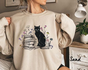 Bookish Sweatshirt, Cute cat sweatshirt, Book Lover Sweatshirt, Gift for Cat Lover, Cute Cat Book Sweatshirt, Floral Cat Sweatshirt,bookish