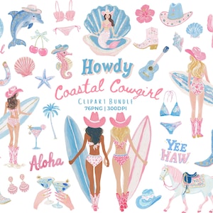 Coastal cowgirl clipart bundle featuring pastel pink and blue illustrations including cowgirl girls with surfboards, seashell mermaid, disco ball, dolphins, cactus, cowgirl boots, bikinis, seashells, starfish, hibiscus flowers, western hats, horses, martini glasses, cherries, bows, palm trees, and coastal western elements in a soft watercolor style, 76 PNG, 300 DPI.