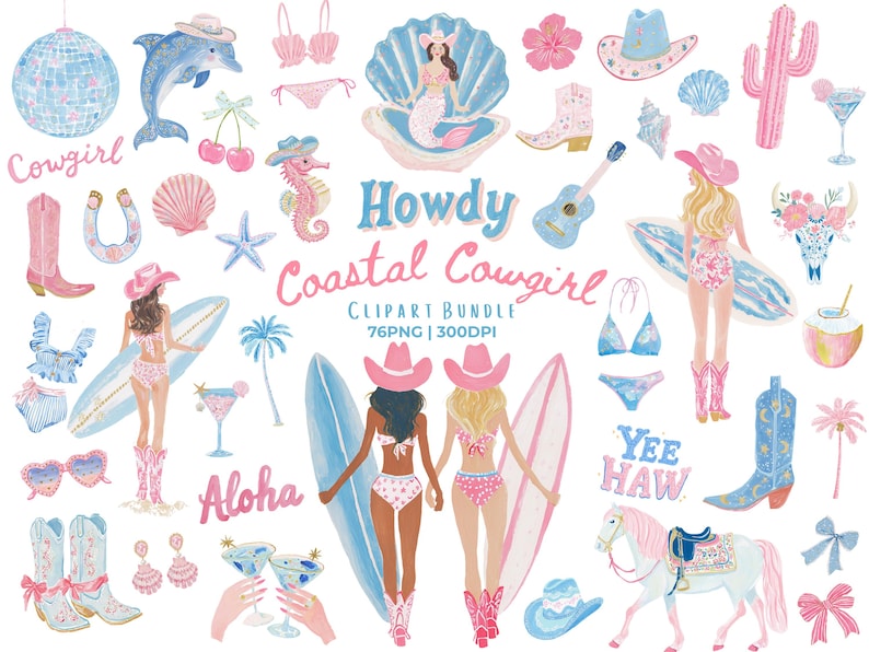 Coastal cowgirl clipart bundle featuring pastel pink and blue illustrations including cowgirl girls with surfboards, seashell mermaid, disco ball, dolphins, cactus, cowgirl boots, bikinis, seashells, starfish, hibiscus flowers, western hats, horses, martini glasses, cherries, bows, palm trees, and coastal western elements in a soft watercolor style, 76 PNG, 300 DPI.