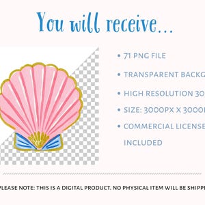 Coastal Charms digital clipart bundle details featuring a pink watercolor shell PNG with transparent background preview. Includes 71 PNG files, transparent background, high resolution 300 DPI, 3000 x 3000 px size, and commercial license. Perfect for invitations, stickers, wall art, party decor, scrapbooking, and digital designs.