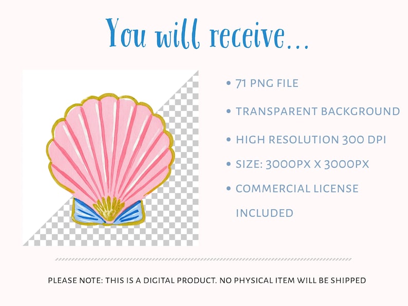 Coastal Charms digital clipart bundle details featuring a pink watercolor shell PNG with transparent background preview. Includes 71 PNG files, transparent background, high resolution 300 DPI, 3000 x 3000 px size, and commercial license. Perfect for invitations, stickers, wall art, party decor, scrapbooking, and digital designs.