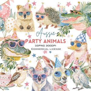 Può includere: Illustrazione ad acquerello di animali australiani festosi, tra cui un canguro e un koala, con cappelli da festa e occhiali da sole. Il testo "Aussie Party Animals" è in evidenza, insieme a palloncini e una torta.