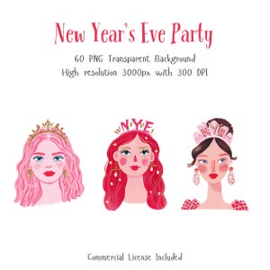 New Year’s Eve party clipart featuring three illustrated female portraits wearing festive NYE crowns and accessories in pink and red tones. High-resolution 3000px PNGs with transparent background and commercial license included.