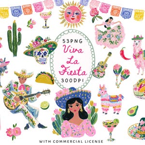 Peut inclure: Illustration colorée sur le thème de la fête mexicaine. Représente un soleil, une femme en robe, une guitare, des tacos, un lama et le texte "Viva La Fiesta". Comprend des éléments décoratifs tels que des fleurs et des sombreros.