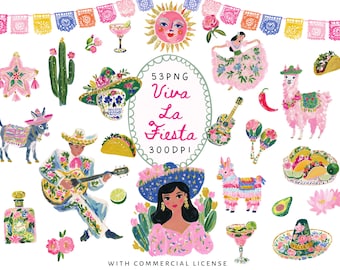 Cinco de Mayo Clipart Bundle, Watercolor Fiesta PNG Graphics