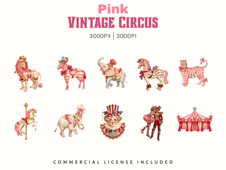 Vintage Circus Clipart Bundle, Retro Pink Circus Illustrations, Animals ...