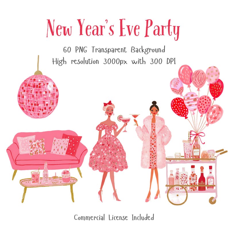 Pink New Year’s Eve party clipart set featuring a disco ball, pink sofa with pillows, two fashionable women in glamorous party outfits holding drinks, a bar cart with bottles and glasses, and a large bundle of pink balloons. Includes 60 high-resolution 3000px PNGs with transparent background and commercial license.