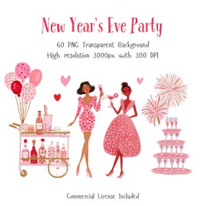 Pink New Year’s Eve party clipart bundle featuring a champagne glass tower, di fireworks, party girls in pink dresses, balloons, drinks, and festive decorations in a fun retro hand-drawn style.