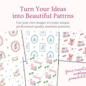 Examples of seamless repeating patterns created with Atelier Repeat using custom clipart, illustrations and decorative motifs. Create Christmas patterns, Halloween designs, nursery prints, tropical repeats, vintage inspired digital paper and more. A flexible surface pattern design tool for makers, Etsy sellers, crafters, fabric designers and print on demand creators.