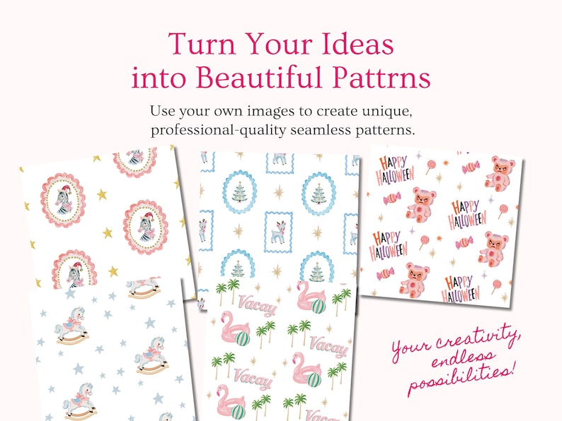 Examples of seamless repeating patterns created with Atelier Repeat using custom clipart, illustrations and decorative motifs. Create Christmas patterns, Halloween designs, nursery prints, tropical repeats, vintage inspired digital paper and more. A flexible surface pattern design tool for makers, Etsy sellers, crafters, fabric designers and print on demand creators.