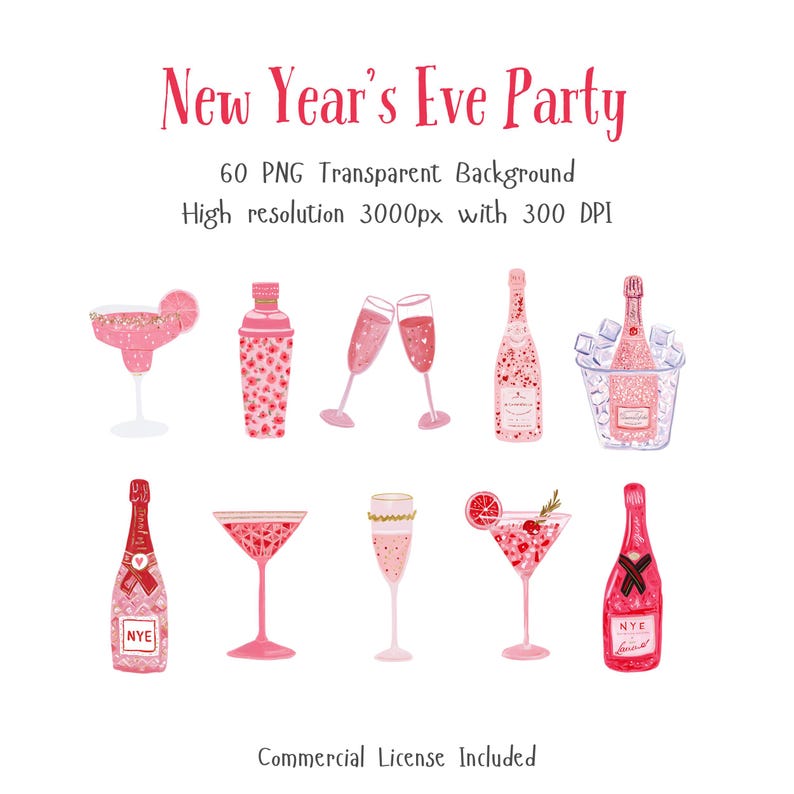 New Year’s Eve party drink clipart set featuring pink champagne bottles, cocktail glasses, margarita, martini, champagne flutes, shaker, ice bucket, and festive NYE beverages. Includes 60 high-resolution 3000px PNGs with transparent background and commercial license.