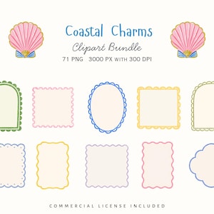 Watercolor scalloped frame clipart set with pastel borders in green, pink, blue, yellow, purple, and soft coastal colors. Hand-painted decorative frames for labels, invitations, place cards, gift tags, menus, stickers, journaling, scrapbooking, party printables, and Mediterranean summer themed designs.