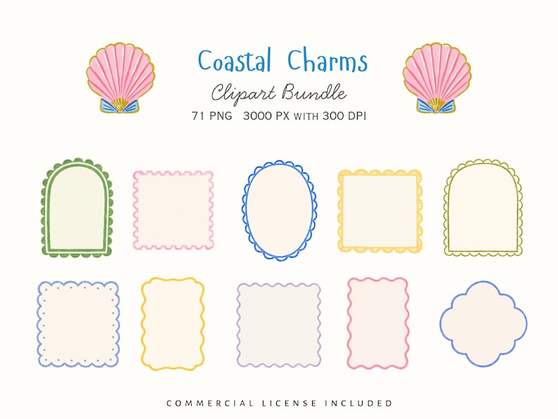 Watercolor scalloped frame clipart set with pastel borders in green, pink, blue, yellow, purple, and soft coastal colors. Hand-painted decorative frames for labels, invitations, place cards, gift tags, menus, stickers, journaling, scrapbooking, party printables, and Mediterranean summer themed designs.