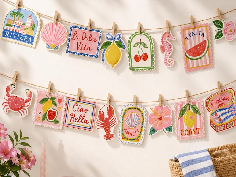 Mediterranean summer party garland mockup made with watercolor coastal clipart, including Riviera, La Dolce Vita, lemon, cherries, seahorse, Italia watermelon, crab, lobster, Amalfi shell, hibiscus flower, Coast lemon, and sardine tin designs. Cute printable banner idea for parties, celebrations, and coastal decor.