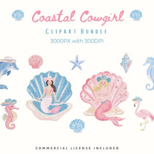 Coastal cowgirl clipart bundle featuring pastel pink and blue watercolor sea illustrations including mermaids sitting in seashells, dolphin wearing a cowboy hat, seahorses, starfish, shells, flamingo, and ocean elements in a soft whimsical coastal western style. High-resolution PNG clipart, 3000px, 300 DPI, commercial use included.