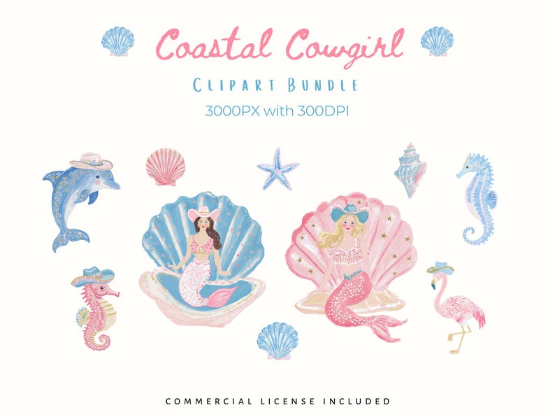 Coastal cowgirl clipart bundle featuring pastel pink and blue watercolor sea illustrations including mermaids sitting in seashells, dolphin wearing a cowboy hat, seahorses, starfish, shells, flamingo, and ocean elements in a soft whimsical coastal western style. High-resolution PNG clipart, 3000px, 300 DPI, commercial use included.