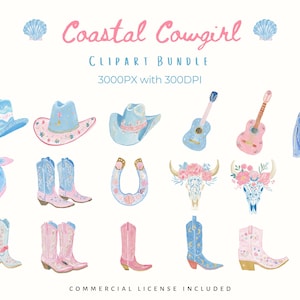 Coastal cowgirl clipart bundle featuring pastel pink and blue watercolor western elements including cowgirl hats, cowboy boots, bandana, horseshoe, acoustic guitars, denim jacket, bull skulls with flowers, and cactus. Soft coastal western aesthetic perfect for boho, beach cowgirl, and summer designs. High-resolution PNG clipart, 3000px, 300 DPI, commercial use included.