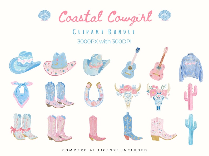 Coastal cowgirl clipart bundle featuring pastel pink and blue watercolor western elements including cowgirl hats, cowboy boots, bandana, horseshoe, acoustic guitars, denim jacket, bull skulls with flowers, and cactus. Soft coastal western aesthetic perfect for boho, beach cowgirl, and summer designs. High-resolution PNG clipart, 3000px, 300 DPI, commercial use included.