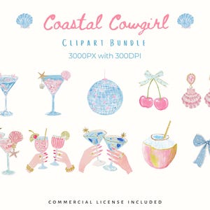 Coastal cowgirl clipart bundle featuring pastel pink and blue watercolor accessories including martini and cocktail glasses, disco ball, cherries with bow, shell earrings, bows, coconut drink, clinking hands with cocktails, starfish, and beach party elements in a soft coastal western aesthetic. High-resolution PNG clipart, 3000px, 300 DPI, commercial use included.