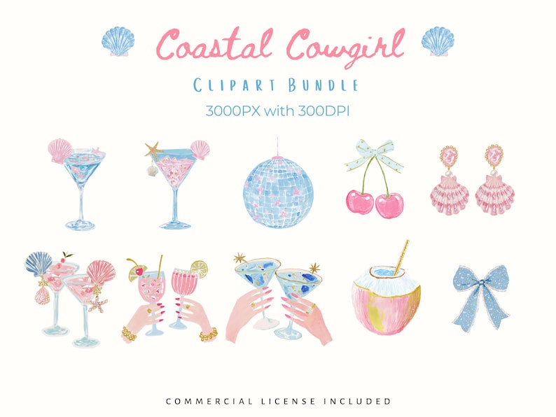 Coastal cowgirl clipart bundle featuring pastel pink and blue watercolor accessories including martini and cocktail glasses, disco ball, cherries with bow, shell earrings, bows, coconut drink, clinking hands with cocktails, starfish, and beach party elements in a soft coastal western aesthetic. High-resolution PNG clipart, 3000px, 300 DPI, commercial use included.