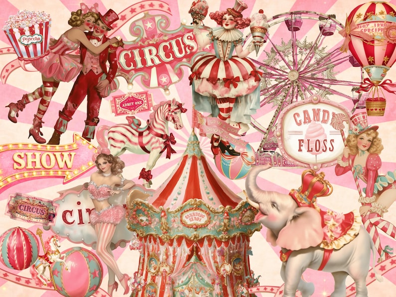 Vintage Circus Clipart Bundle, Retro Pink Circus Illustrations, Animals ...