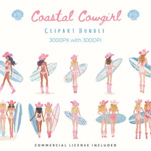 Coastal cowgirl clipart bundle featuring pastel pink and blue watercolor illustrations of cowgirl girls wearing pink cowboy hats and boots, holding surfboards at the beach. Includes diverse female figures shown from front and back, solo and pairs, in bikinis with western coastal style. High-resolution PNG clipart, 3000px, 300 DPI, commercial use included.