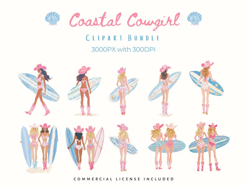 Coastal cowgirl clipart bundle featuring pastel pink and blue watercolor illustrations of cowgirl girls wearing pink cowboy hats and boots, holding surfboards at the beach. Includes diverse female figures shown from front and back, solo and pairs, in bikinis with western coastal style. High-resolution PNG clipart, 3000px, 300 DPI, commercial use included.