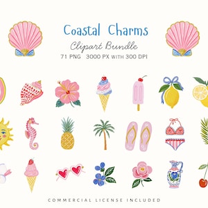 Coastal Charms watercolor clipart bundle featuring summer beach icons, pink shell, lemon with blue bow, hibiscus flower, ice cream, sun, seahorse, pineapple, palm tree, bikini, cherries, pitcher, and tropical floral elements. Includes 71 PNG files, 3000 px, 300 DPI, with commercial license included.