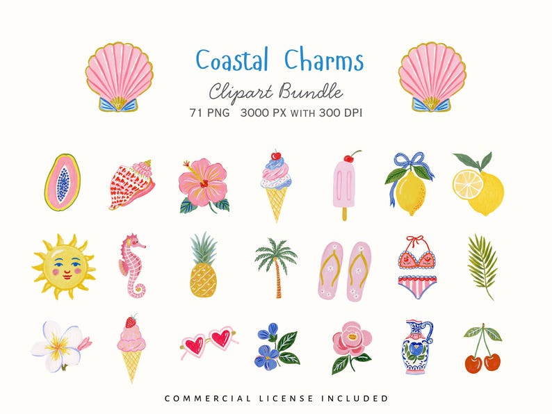 Coastal Charms watercolor clipart bundle featuring summer beach icons, pink shell, lemon with blue bow, hibiscus flower, ice cream, sun, seahorse, pineapple, palm tree, bikini, cherries, pitcher, and tropical floral elements. Includes 71 PNG files, 3000 px, 300 DPI, with commercial license included.