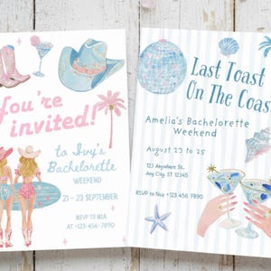 Coastal cowgirl bachelorette invitation mockup featuring pastel watercolor designs with cowgirl girls holding surfboards, cowboy boots, hats, disco ball, palm trees, and cocktail glasses. Folded invitation cards show beach cowgirl and coastal western themes with pink and blue tones, perfect for bachelorette weekend, beach party, and summer celebration designs.