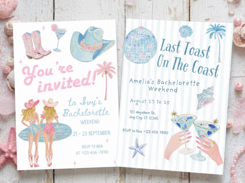 Coastal cowgirl bachelorette invitation mockup featuring pastel watercolor designs with cowgirl girls holding surfboards, cowboy boots, hats, disco ball, palm trees, and cocktail glasses. Folded invitation cards show beach cowgirl and coastal western themes with pink and blue tones, perfect for bachelorette weekend, beach party, and summer celebration designs.