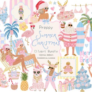 Puede incluir: Un paquete de imágenes prediseñadas digitales con ilustraciones de Preppy Summer Christmas que incluyen a Santa con una tabla de surf, personas en traje de baño con gorros de Navidad, un árbol rosa, una piña, un flamenco y el texto Preppy Summer Christmas.