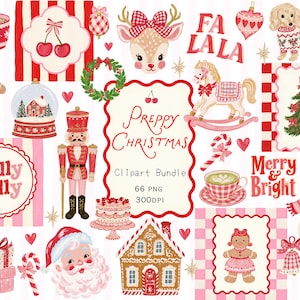 May include: A digital collection of Christmas-themed illustrations featuring a nutcracker, gingerbread figures, a snowman, Santa Claus, a reindeer, a rocking horse, a dog, a gingerbread house, gifts, and text reading Preppy Christmas Clipart Bundle.