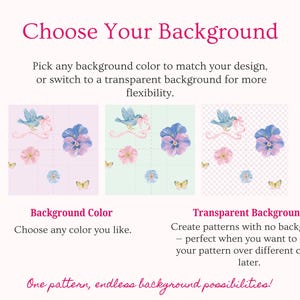 Choose any background color for your seamless pattern or create a transparent background for maximum flexibility. Preview the same repeating design on different colors before exporting your finished pattern. Great for digital paper, fabric design, wallpaper, stationery, gift wrap, scrapbooking, clipart projects and print on demand products that need customizable backgrounds.
