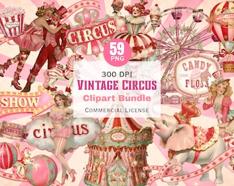 Vintage circus clipartbundel, retro roze circusillustraties, dieren, carrousel, clowns, circusdirecteur png | 300 dpi