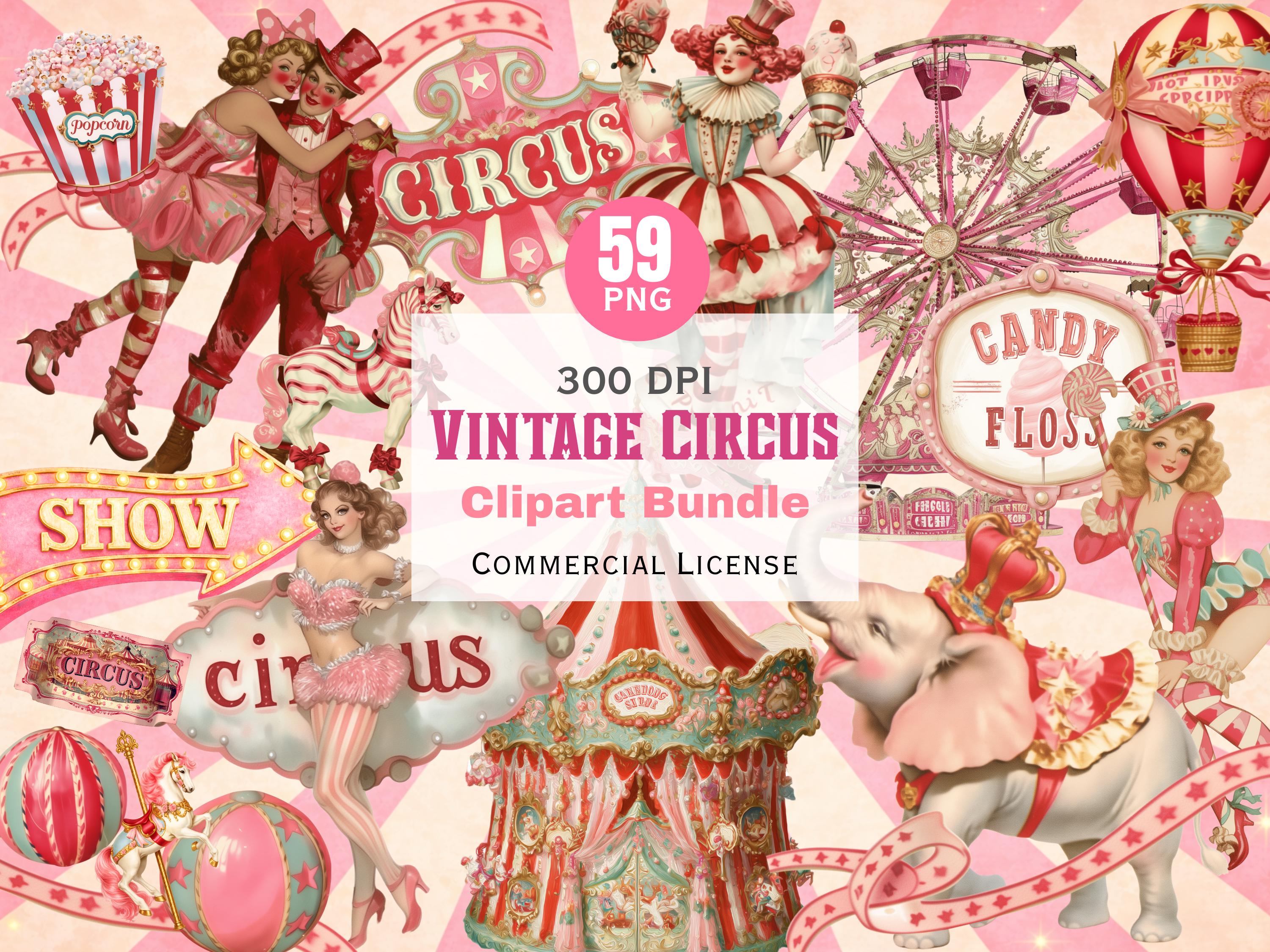 Vintage Circus Clipart Bundle, Retro Pink Circus Illustrations, Animals ...