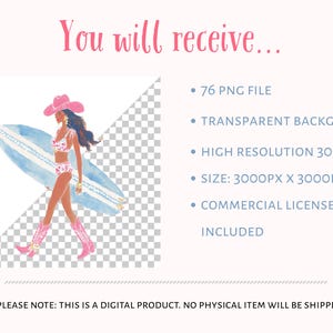 Coastal cowgirl clipart product details image showing a cowgirl girl holding a surfboard with a transparent background preview. Text lists what is included: 76 PNG files, transparent background, high resolution 300 DPI, size 3000 x 3000 pixels, and commercial license included. Digital download only, no physical item shipped.