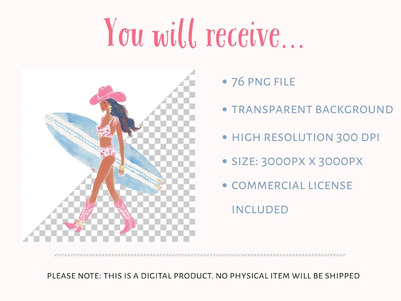 Coastal cowgirl clipart product details image showing a cowgirl girl holding a surfboard with a transparent background preview. Text lists what is included: 76 PNG files, transparent background, high resolution 300 DPI, size 3000 x 3000 pixels, and commercial license included. Digital download only, no physical item shipped.