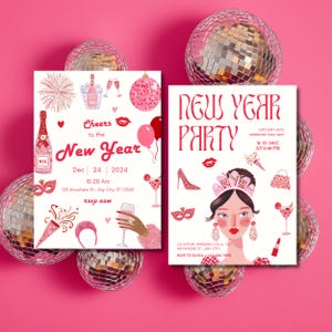 Two New Year party invitation templates displayed on a pink background with disco balls. The invitations feature pink festive clipart including champagne bottles, fireworks, balloons, cocktail glasses, masks, high heels, and illustrated party girls wearing NYE accessories. Perfect example of how the New Year’s Eve clipart bundle can be used for invitations and party designs.