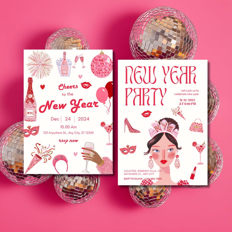 Two New Year party invitation templates displayed on a pink background with disco balls. The invitations feature pink festive clipart including champagne bottles, fireworks, balloons, cocktail glasses, masks, high heels, and illustrated party girls wearing NYE accessories. Perfect example of how the New Year’s Eve clipart bundle can be used for invitations and party designs.