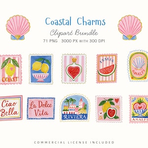 Watercolor Mediterranean stamp clipart collection with Italian summer motifs including Coast lemon stamp, lemon bowl, strawberry heart, Italia watermelon, Amalfi shell, Ciao Bella, La Dolce Vita, Riviera coastal scene, lemon and strawberry stamp, and Amalfi tile design. Perfect for invitations, stickers, journals, tags, and party decor.