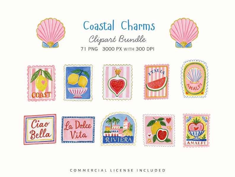 Watercolor Mediterranean stamp clipart collection with Italian summer motifs including Coast lemon stamp, lemon bowl, strawberry heart, Italia watermelon, Amalfi shell, Ciao Bella, La Dolce Vita, Riviera coastal scene, lemon and strawberry stamp, and Amalfi tile design. Perfect for invitations, stickers, journals, tags, and party decor.