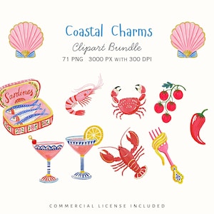 Italian coastal food and seafood watercolor clipart with sardine tin, shrimp, crab, cherry tomatoes, cocktail glasses, lobster, pasta fork, red chili pepper, and Mediterranean summer motifs. Cute hand-painted PNG elements for menus, recipe cards, party invitations, kitchen wall art, stickers, and coastal themed designs.