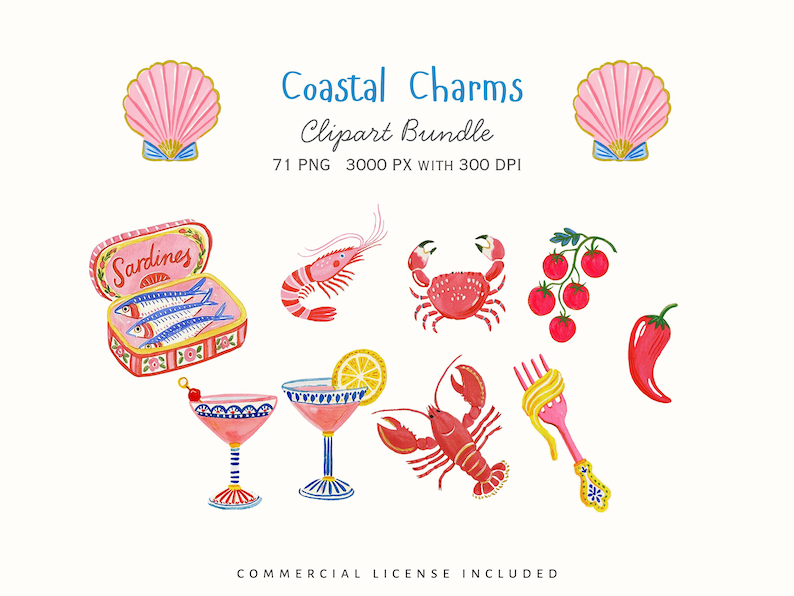 Italian coastal food and seafood watercolor clipart with sardine tin, shrimp, crab, cherry tomatoes, cocktail glasses, lobster, pasta fork, red chili pepper, and Mediterranean summer motifs. Cute hand-painted PNG elements for menus, recipe cards, party invitations, kitchen wall art, stickers, and coastal themed designs.