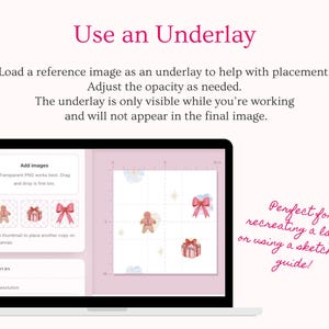 Use a reference image, sketch or layout as an underlay while creating your seamless pattern. Adjust the underlay opacity to help position motifs accurately while designing, then export your finished pattern without the reference image appearing. Useful for recreating layouts, following sketches and planning detailed surface pattern designs, fabric prints and custom digital paper.