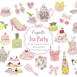 Coquette Tea Party Clipart Bundle, Pastel Pink and Yellow Acrylic Gouache Texture,  53PNG (300DPI)