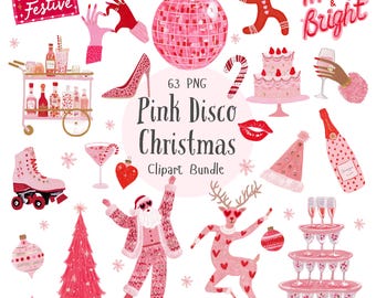 May include: A collection of pink Christmas-themed clip art, including a disco ball, roller skate, Santa Claus, reindeer, and champagne glasses. The text "Pink Disco Christmas Clipart Bundle" is displayed. The phrase "Let's Get Festive" is also visible.