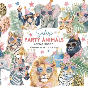 May include: Watercolor illustration featuring safari animals wearing party hats and sunglasses. The image includes a monkey, elephant, giraffe, rhino, tiger, gorilla, zebra, lion, and leopard. Balloons and cakes are also included. Text reads "Safari Party Animals".