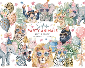 Safari Animals Party Clipart Bundle – Watercolor Jungle Birthday Collection (300DPI)